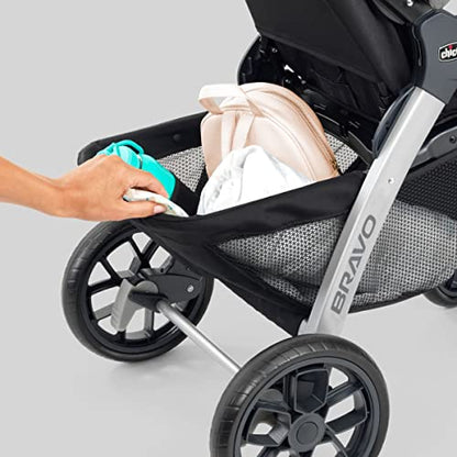 Chicco Bravo 3-in-1 travel system with quick-fold stroller, KeyFit 30 infant car seat, and base in Camden/Black color.