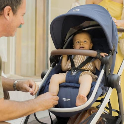 Maxi-Cosi Zelia Luxe 5-in-1 travel system with stroller, car seat, and accessories, designed for versatile baby travel and comfort.