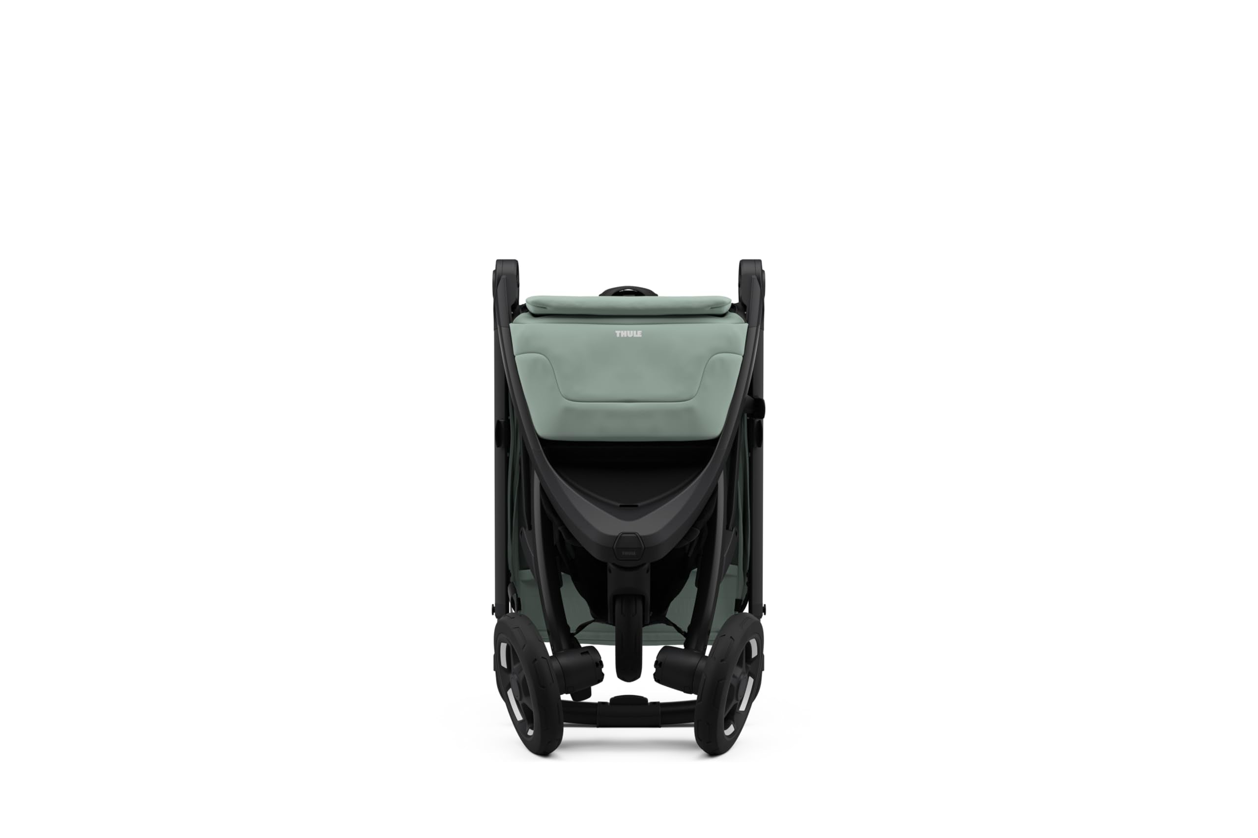 Lightweight Thule Spring 2 single child stroller with ventilated canopy and adjustable handlebar, shown in a compact fold.