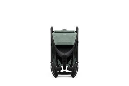 Lightweight Thule Spring 2 single child stroller with ventilated canopy and adjustable handlebar, shown in a compact fold.