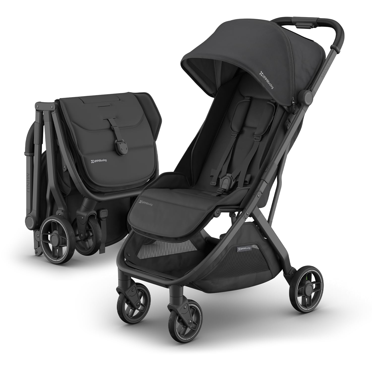 UPPAbaby Minu V3 lightweight travel stroller in greyson with charcoal frame, saddle leather accents, one-hand fold, suitable from birth