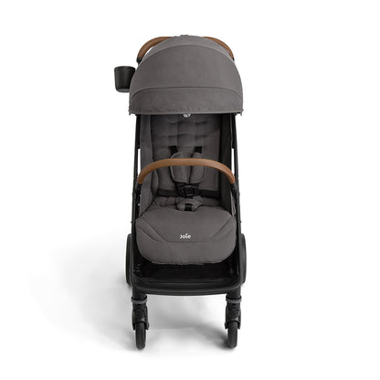 Joie Nutmeg compact lightweight stroller in shale color, featuring one-hand fold and ergonomic design.