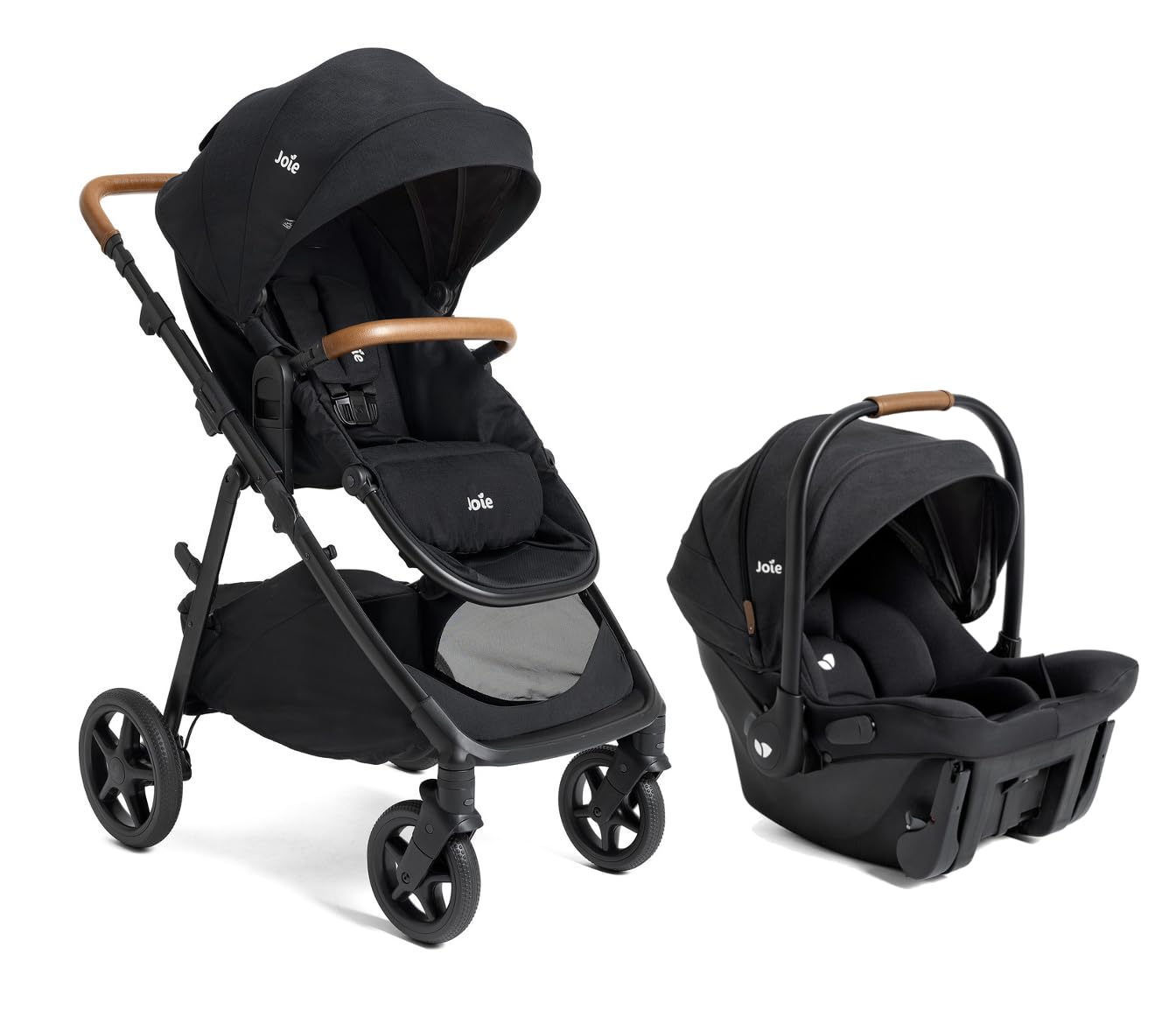 Joie Ginger and Mint Latch Travel System with infant car seat, stroller, all-terrain wheels, and built-in Latch system in Shale Dark.
