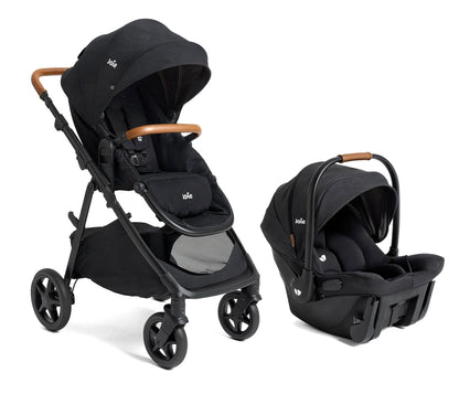 Joie Ginger and Mint Latch Travel System with infant car seat, stroller, all-terrain wheels, and built-in Latch system in Shale Dark.