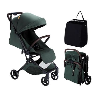 Lightweight MAMAZING Ultra Air baby travel stroller with carbon fiber frame, compact design, one-handed fold, suitable for toddlers.