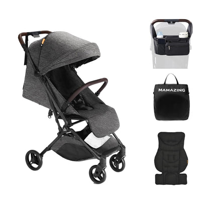 Lightweight MAMAZING Ultra Air baby travel stroller with carbon fiber frame, compact, one-handed fold, suitable for toddlers, airplane-friendly