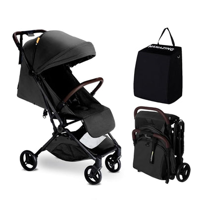 Lightweight MAMAZING Ultra Air baby travel stroller with carbon fiber frame, compact fold, suitable for toddlers, airplane-friendly design