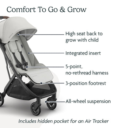 UPPAbaby Minu V3 travel stroller in greyson color with charcoal frame and saddle leather, showcasing its lightweight, compact design.