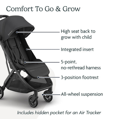 UPPAbaby Minu V3 lightweight travel stroller in greyson with charcoal frame and saddle leather, showing compact fold and modern design.