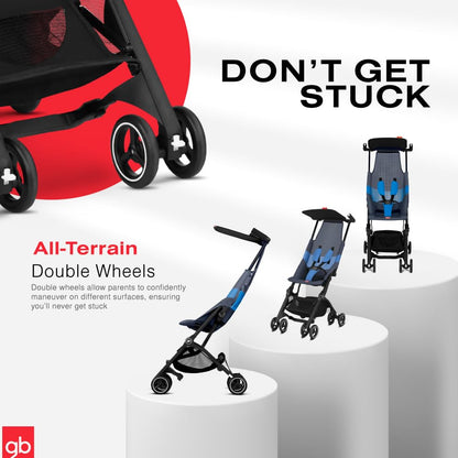 My Store gb Pockit+ All-Terrain lightweight travel stroller with canopy and reclining seat in velvet black, compact and portable.