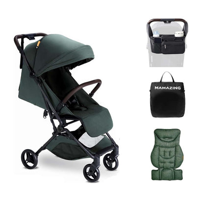Lightweight MAMAZING Ultra Air baby travel stroller with carbon fiber frame, compact design, one-handed fold, suitable for toddlers.