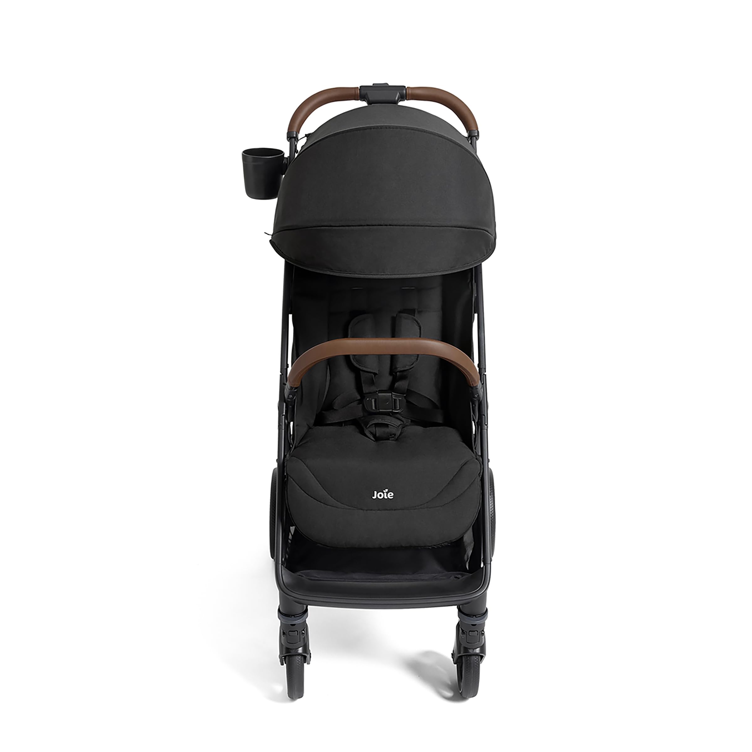Joie Nutmeg compact stroller in shale color, lightweight with one-hand fold, designed for easy portability and smooth urban strolling.