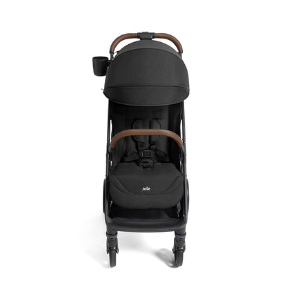 Joie Nutmeg compact stroller in shale color, lightweight with one-hand fold, designed for easy portability and smooth urban strolling.