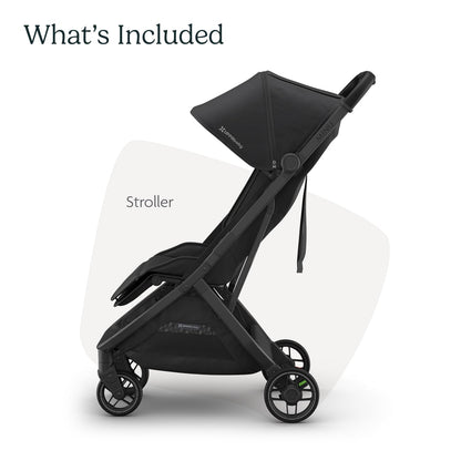 UPPAbaby Minu V3 lightweight travel stroller in greyson with charcoal frame, saddle leather, one-hand fold, suitable from birth