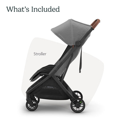 UPPAbaby Minu V3 lightweight travel stroller in greyson with charcoal frame and saddle leather, featuring one-hand fold and compact design.