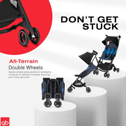 My Store gb Pockit+ All-Terrain lightweight travel stroller with canopy and reclining seat in velvet black, shown folded and ready to travel.