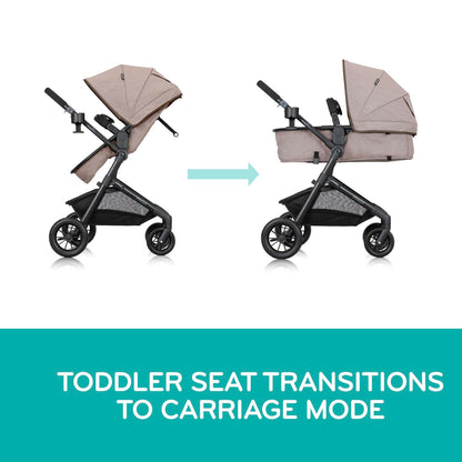 Evenflo Pivot Modular Travel System with LiteMax Preemie and Infant Car Seat in casual gray, showcasing the stroller and car seat.