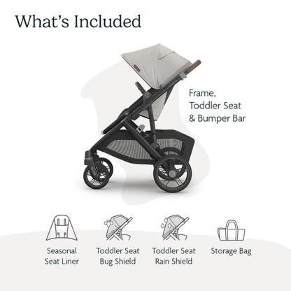 UPPAbaby Vista V3 convertible stroller for baby and toddler in charcoal with all-wheel suspension and large storage basket.