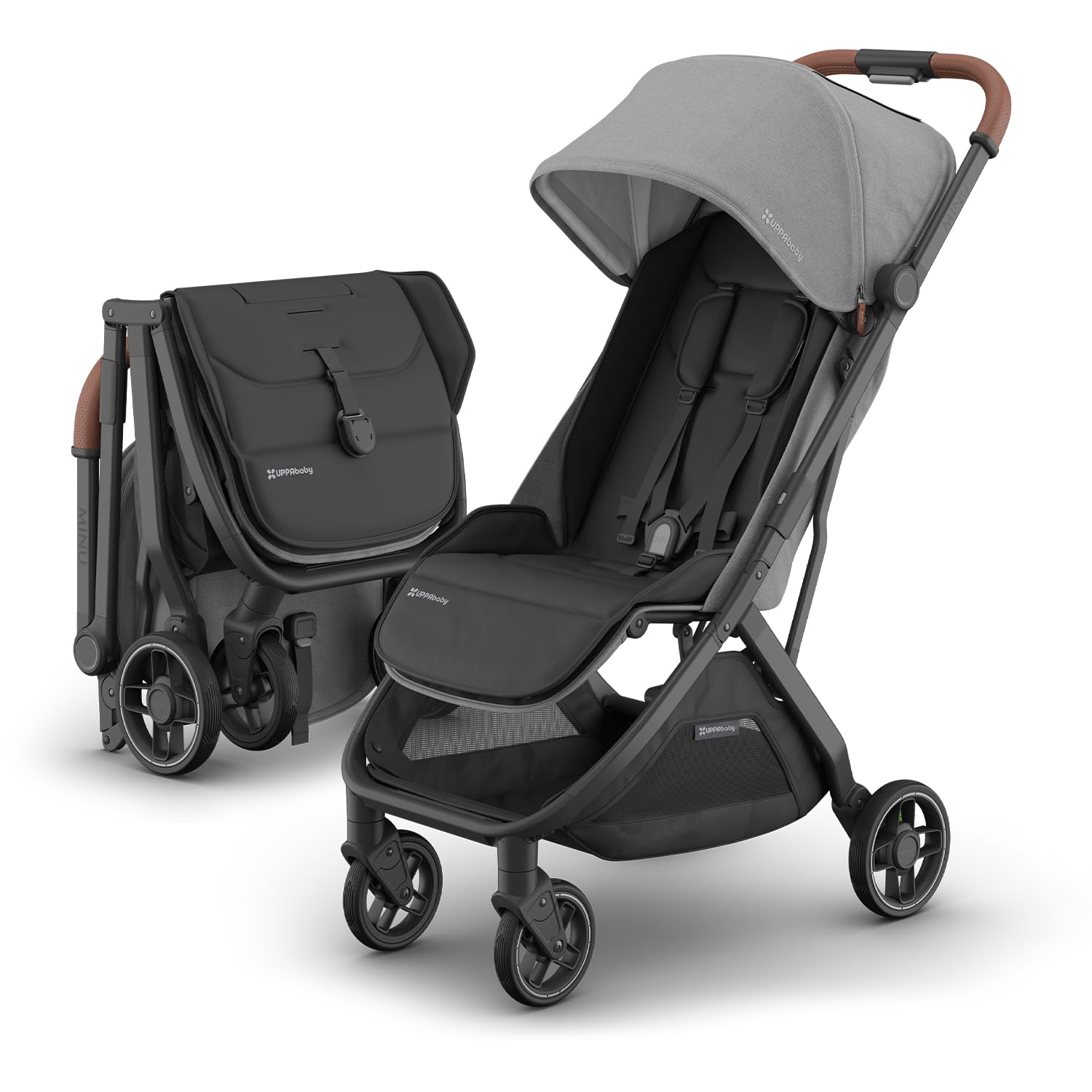 UPPAbaby Minu V3 lightweight travel stroller in Greyson color, compact design, one-hand fold, with charcoal frame and saddle leather accents.