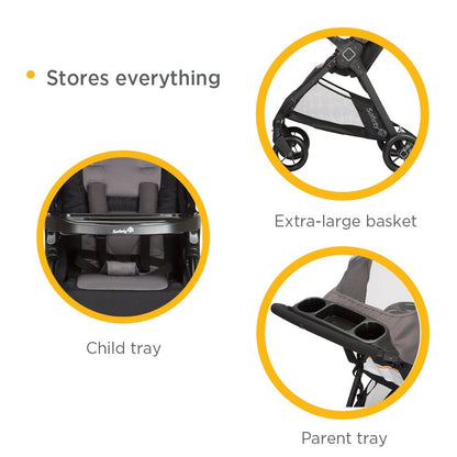 Safety 1st Smooth Ride Travel System stroller with OnBoard FLX infant car seat, large canopy, foldable design, and ample storage.