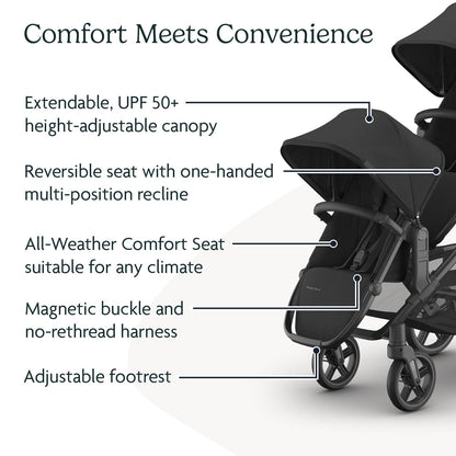 UPPAbaby RumbleSeat V3 second lower all-weather seat with magnetic buckle for Vista V2/V3 in Declan Oat Mélange with silver frame and Chestnut leather