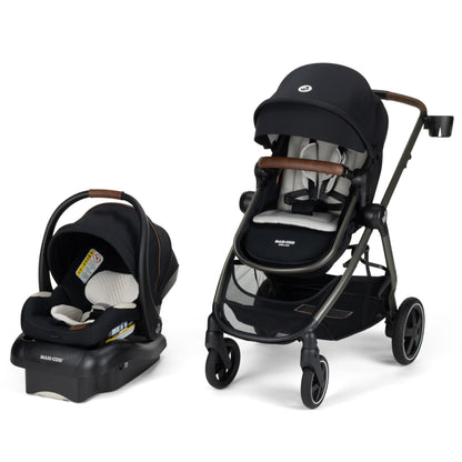 Maxi-Cosi Zelia Luxe 5-in-1 modular travel system with stroller and car seat, designed for versatile baby transportation.