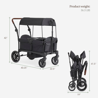 Evolur Trailblazer double stroller wagon in black with all-terrain wheels, 5-point harness, removable canopy, and spacious storage.