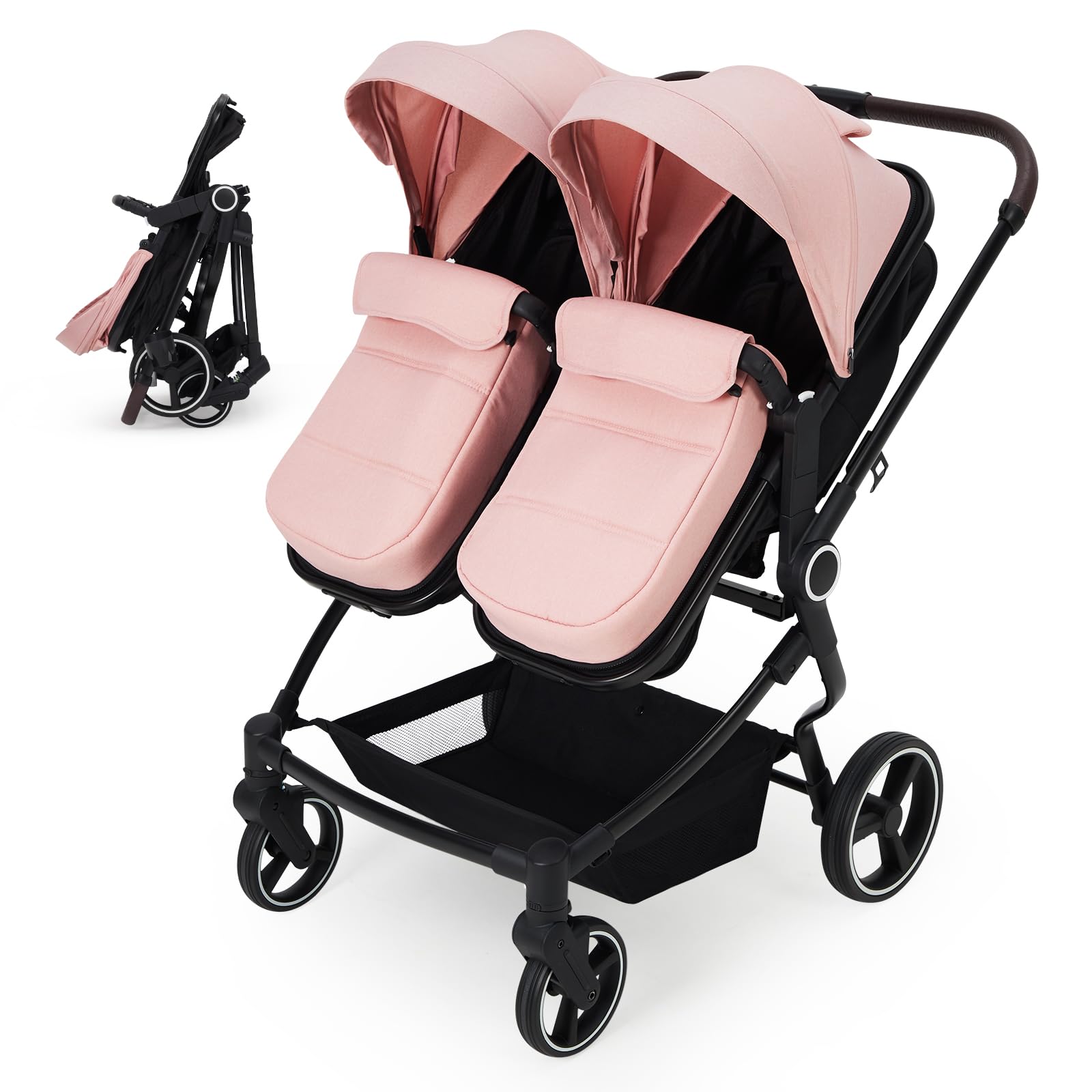 Pink double stroller for newborn and toddler, lightweight tandem design with adjustable recline, canopy, and parent cup holders.