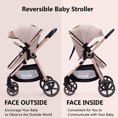 Lortsybab 2-in-1 baby stroller with beige frame, reversible seat, suitable for infants and toddlers 0-36 months.