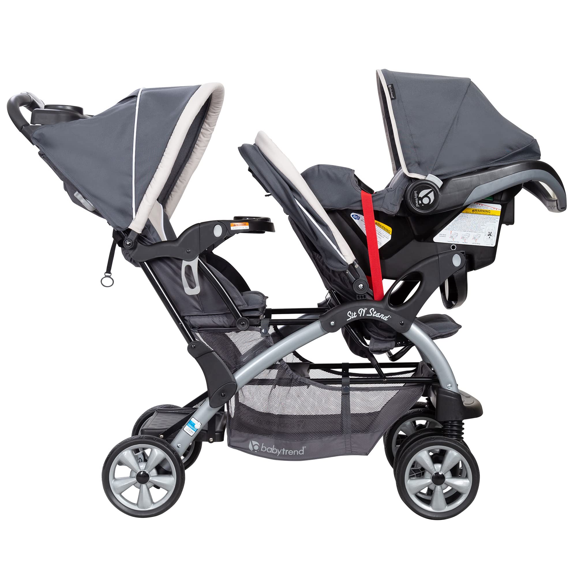 Baby Trend infant and toddler double stroller with car seat, lightweight and portable, Stormy color, tandem travel system.