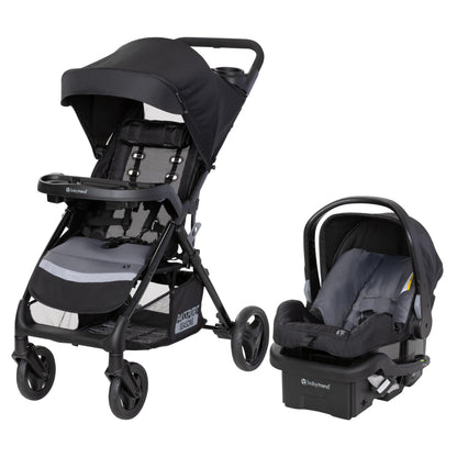 Baby Trend Passport cargo stroller with pink Bamboo design and EZ-Lift Plus infant car seat, suitable for travel and everyday use.
