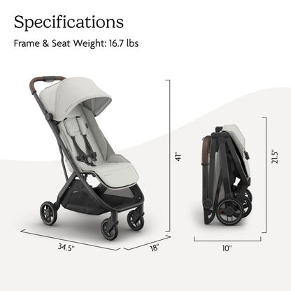 UPPAbaby Minu V3 lightweight travel stroller in Greyson, charcoal mélange with carbon frame and saddle leather, one-hand fold and unfold