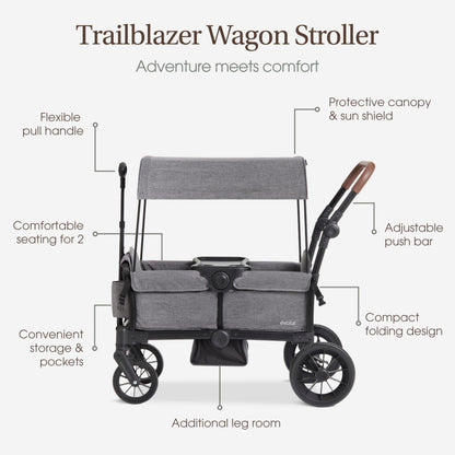 Evolur Trailblazer black double stroller wagon with all-terrain wheels, 5-point harness, removable canopy, foldable design, and spacious storage
