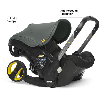 Doona all-in-one travel system with slate green car seat and stroller, compact design for easy transportation and convenience.