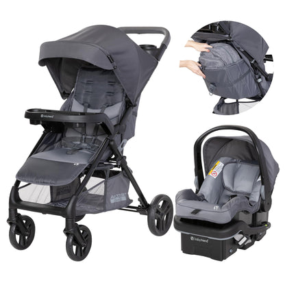 Baby Trend Passport Cargo Stroller with EZ-Lift Plus infant car seat in pink bamboo, featuring adjustable handle and storage basket.