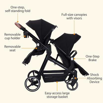 Black tandem stroller with reversible seats, adjustable canopies, large storage basket, and one-hand fold for twins and newborns.