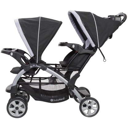 Baby Trend infant and toddler double stroller with car seat combo, lightweight, portable travel system in stormy color, tandem design.