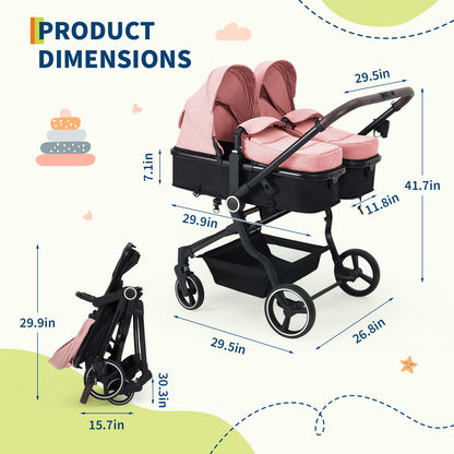 Pink double stroller for newborn and toddler with adjustable recline, canopy, parent cup holders, lightweight fold, suitable for twins.