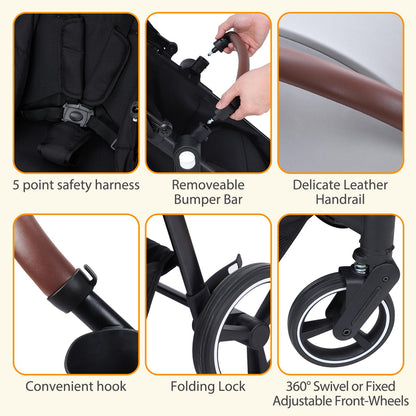 My Store tandem stroller with reversible seats, adjustable canopies, one-hand fold, large storage basket, black color for twins.