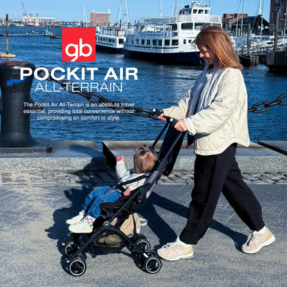 My Store gb Pockit+ All-Terrain lightweight travel stroller with canopy and reclining seat in velvet black, compact and portable.