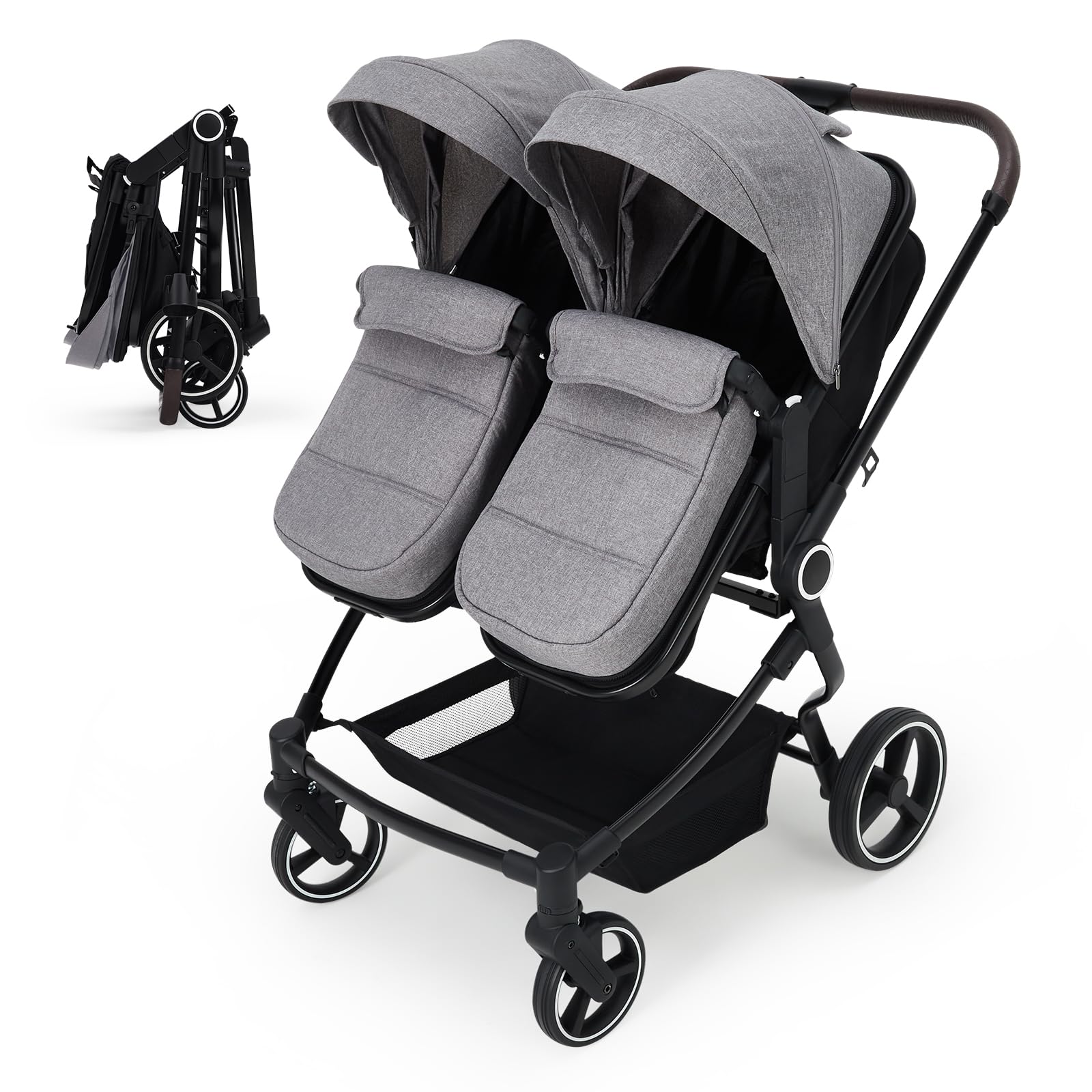 Lightweight double stroller for twins with reclining seats, adjustable canopy, 5-point harness, and high landscape design for infants and toddlers.