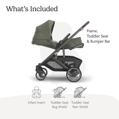 UPPAbaby Cruz V3 stroller in Greyson with charcoal mélange fabric, reversible seat, infant insert, and included bug and rain shields.