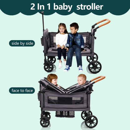 Luxury double wagon stroller for kids and cargo, lightweight, foldable, with adjustable handle, canopy, tray table, and cup holder.
