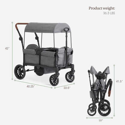 Evolur Trailblazer Double Wagon Stroller in black with all-terrain wheels, foldable canopy, 5-point harness, and spacious storage for two kids.