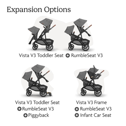 UPPAbaby RumbleSeat V3 second lower seat in Declan oatmeal with silver frame and chestnut leather, showing all-weather design and magnetic buckle.