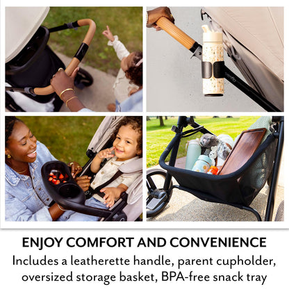 Evenflo Pivot NXT Travel System with LiteMax NXT infant car seat in Latte Tan, stroller with storage and adjustable handle.
