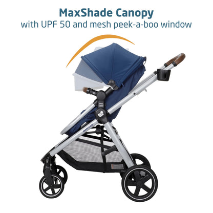 Maxi-Cosi Zelia Luxe 5-in-1 modular travel system with stroller, car seat, and adjustable components for versatile baby travel.