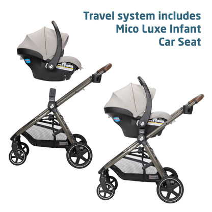 Maxi-Cosi Zelia Luxe 5-in-1 modular travel system with stroller, car seat, and accessories for versatile baby travel.