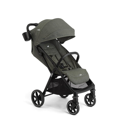 Joie Nutmeg compact stroller in shale color with one-hand fold, lightweight and easy to carry for convenient baby transport.