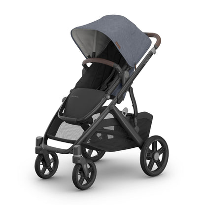 UPPAbaby Vista V3 stroller for baby and toddler in charcoal with all-wheel suspension and large basket, versatile convertible design.